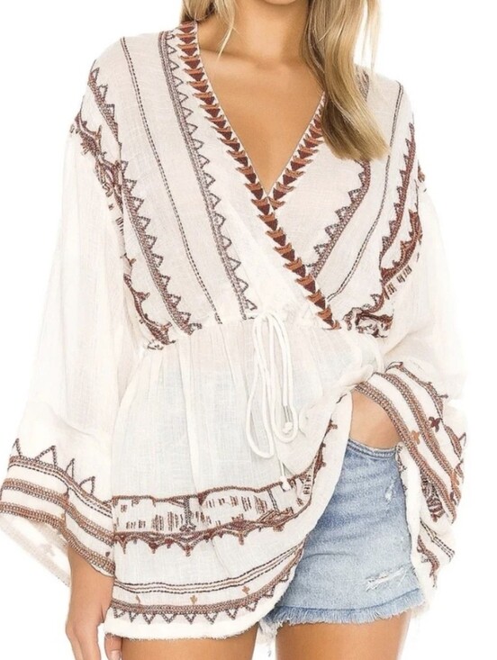 Free People Tops - Free People Saffron Embroidered Tunic Wrap Boho Blouse Size Medium